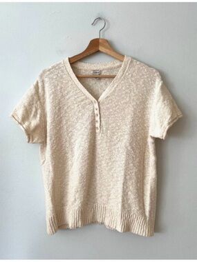 L.L. Bean Women's Midweight Cotton Slub Short Sleeve Henley Sweater Cream Sz XL